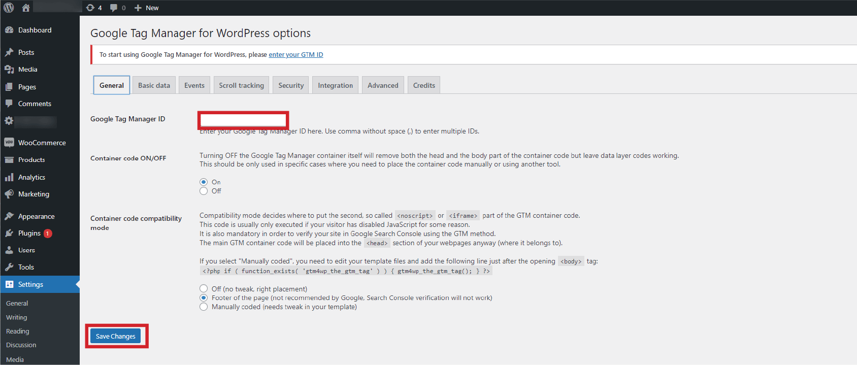 GTM Wordpress plugin instructions step 2