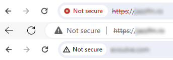 Examples of different 'Not secure' messages shown in browser address bars