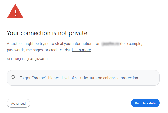 Browser warning page showing connection is not private due to an expired SSL certificate