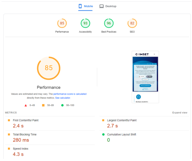 comset speed results mobile