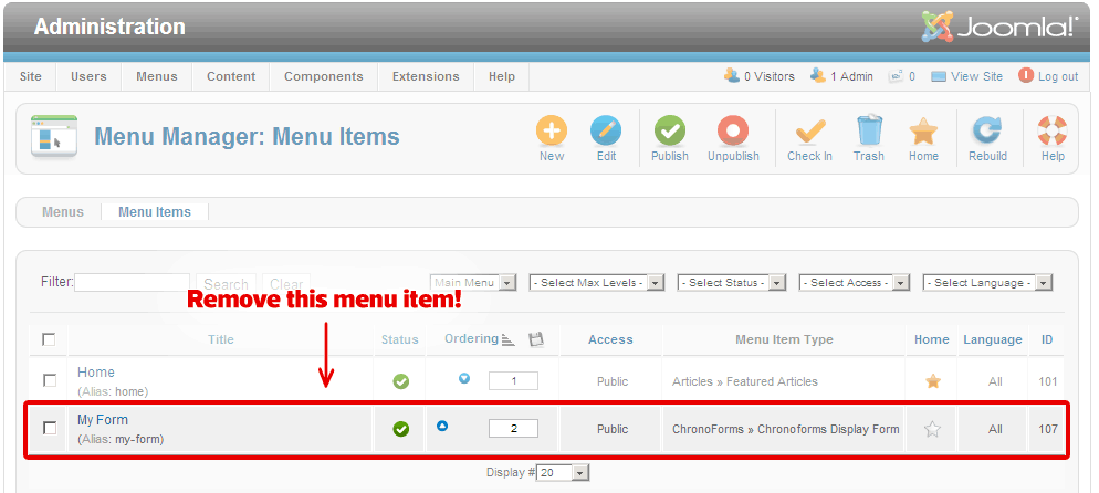 Remove the Chronoforms menu item